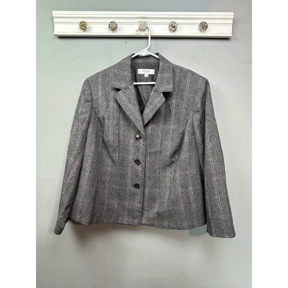 Jones Studio Blazer Women 24W Grey Separates Plaid Prof Button Front Jacket